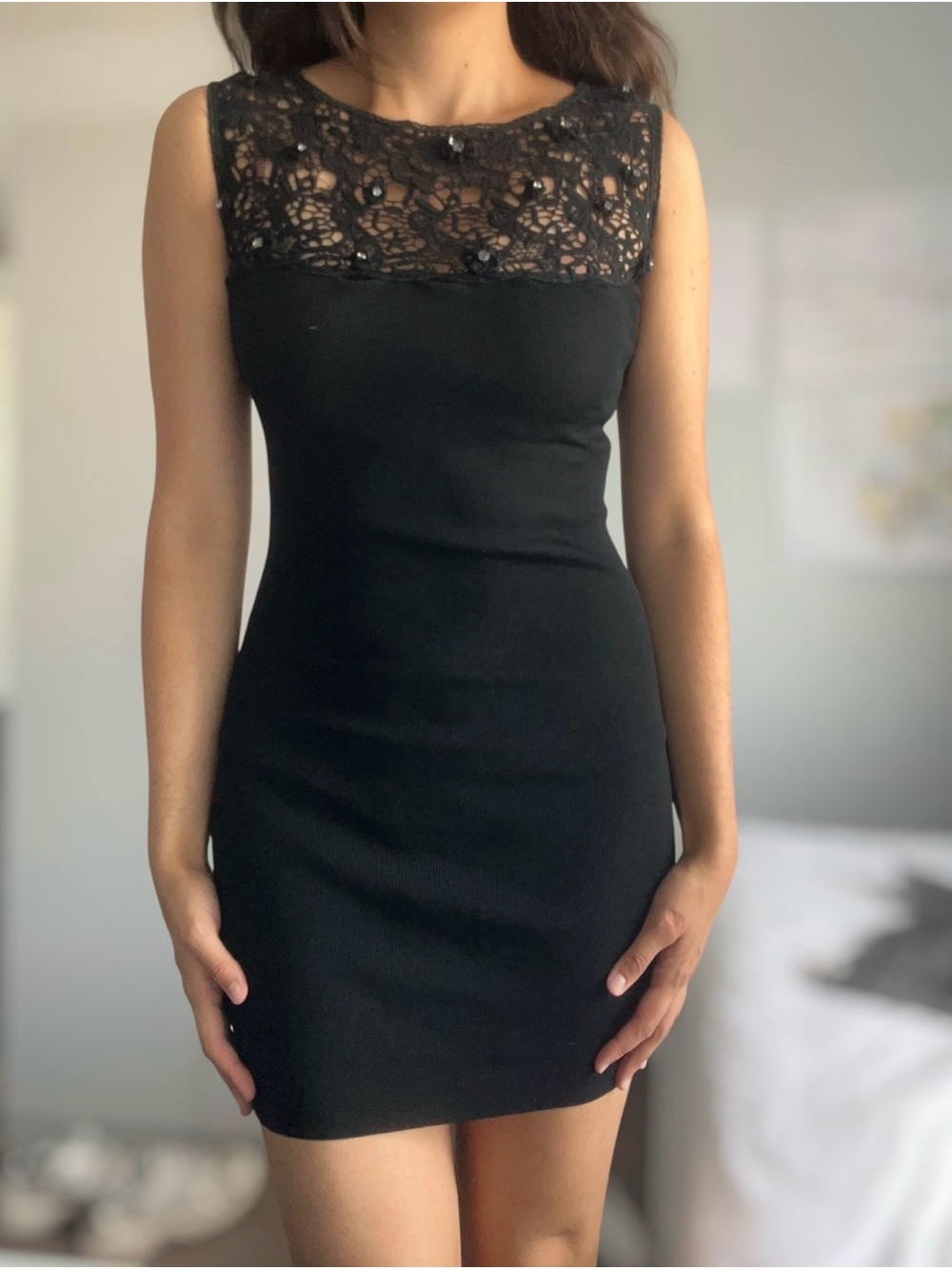 Y2K Womens Black Lace Beaded Sleeveless Sheath Bodycon Dress Size S or M